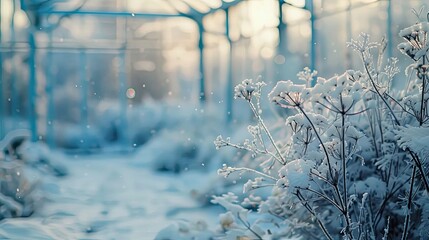 Poster - Blurred botanical garden with softened snow-covered plants and greenhouse backdrop