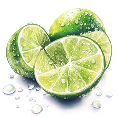 Canvas Print - Fresh Green Lime with Water Droplets - Watercolor Illustration.