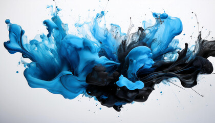 Poster - mix of bleu and black ink splashes on white background; vibrant colours dynamic liquid splas