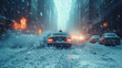 © kanesuan - A snowstorm paralyzing a city, with streets and vehicles buried under several feet of snow, showcasing the impact of extreme winter weather on urban life.