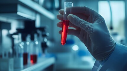 Poster - A gloved hand holding a test tube filled with red liquid in a laboratory setting.