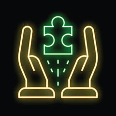 Poster - Neon icon of two hands holding a bright green puzzle piece, representing problem solving