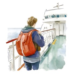 Young Man with Backpack Standing on Deck of Ferry, Watercolor Illustration.