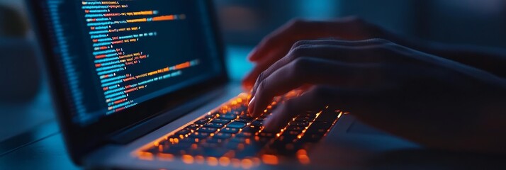Poster - Close-up of hands coding on a laptop with glowing orange keys and a dark background. The screen displays lines of code, representing programming and development.