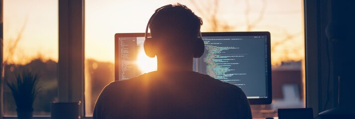 Poster - Man coding on a computer in a home office at sunset, wearing headphones. Remote coding and software development concept.