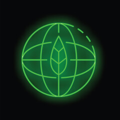 Poster - Green neon light showing the earth with a leaf in the center, representing a concept of eco friendliness and environmental awareness