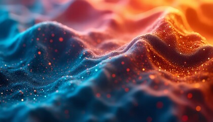 Wall Mural - a close-up abstract background with soft, rolling waves in blue and red tones, sprinkled with light 