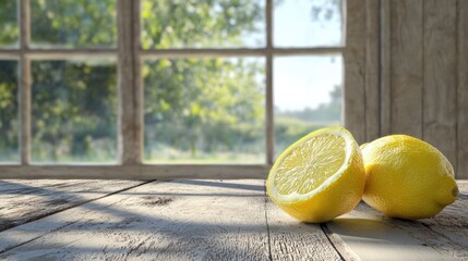 Lemon slices on a rustic kitchen table, with a countryside landscape visible through the window