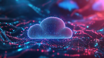 A glowing cloud icon composed of small blue and pink lights, against a dark background with abstract blue and pink shapes.