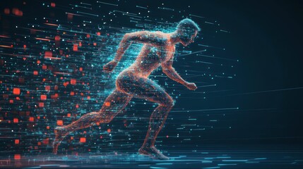 Poster - Abstract digital figure of a running man with futuristic glowing lines.