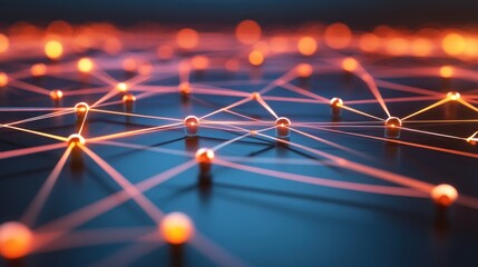 Poster - abstract network of glowing spheres and lines on blue background.