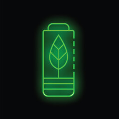 Canvas Print - Bright green neon battery icon glowing on a dark background, symbolizing eco friendly power solutions