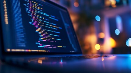 Aufkleber - Close-up of programming code on a laptop screen during a nighttime coding session. Vibrant colors and backlit keys, showcasing software development.