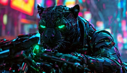 A fierce cyberpunk panther with glowing green eyes and futuristic robotic armor, poised for action in a neon-lit cityscape. The combination of animal instinct and advanced technology gives this sci-fi