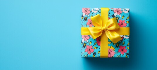 Wall Mural - Bright Gift Box with Colorful Floral Wrapping Paper and Yellow Ribbon for Birthdays or Celebrations