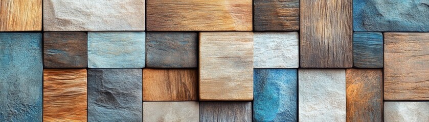 A vibrant collection of wooden and stone tiles, showcasing diverse textures and colors for interior design inspiration.