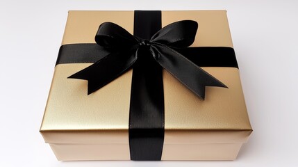 Wall Mural - Elegant Gold Gift Box with Black Satin Ribbon - Perfect for Luxury Holiday Celebrations and Special Occasions