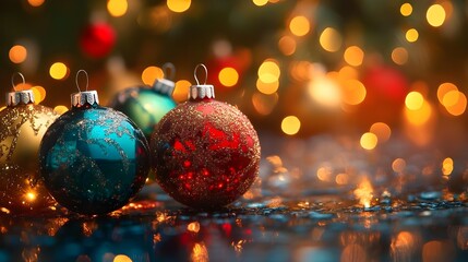 Poster - Christmas background with colorful baubles on bokeh lights background - Generated AI