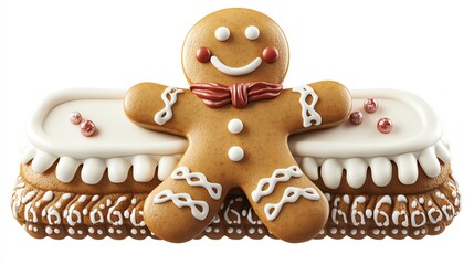 Cute gingerbread man ornament, icing details, festive holiday decoration, 3D illustration, isolated on white background