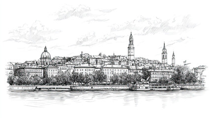 Canvas Print - Belgrade, Serbia, black and white pen pencil hand-drawn effect drawing illustration for travel poster, card, wallpaper, backdrop or banner. Modern, clear, artistic and simple