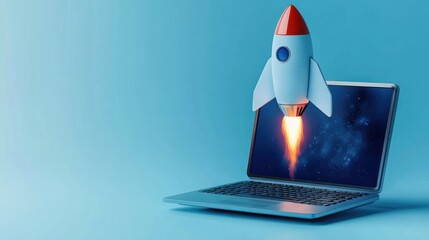 Sticker - Rocket coming out of laptop screen, blue background. AI digital illustration