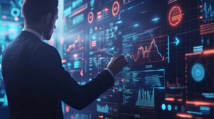 Poster - the businessman analyzes sales data graph growth on a modern interface, icons on strategy, digital o