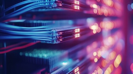 Poster - Close-up of blue cables plugged into a server rack with red and blue lights in the background.