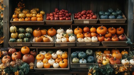 Wall Mural - vibrant array of pumpkins and gourds at bustling autumn market rich oranges greens and yellows create a cornucopia of harvest abundance