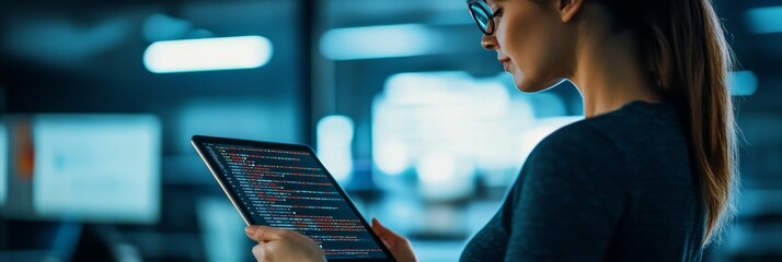 Aufkleber - Young woman coding on a tablet in a high-tech environment with digital code. Programming and digital transformation.