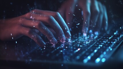 Poster - Hands typing on a futuristic keyboard with particles flying off. Programming and cybersecurity concept.