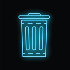 Poster - Blue neon sign depicting a trash can glowing on a black background