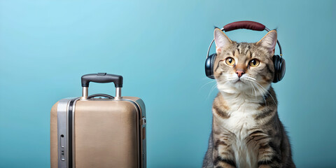 Cat wearing headphones and carrying a suitcase, cat, kitten, pet, feline, headphones, music, travel, suitcase, luggage, vacation