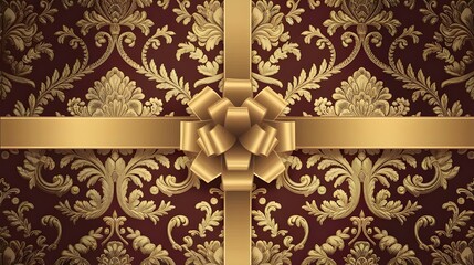 Gold Bow and Ribbon on Red and Gold Floral Pattern Background