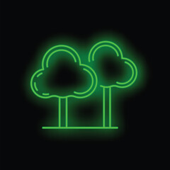 Poster - Green neon sign depicting two stylized trees growing side by side on a black background
