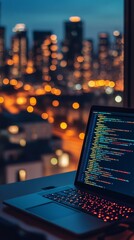 Aufkleber - Laptop displaying code in front of a cityscape background with bokeh lights. Urban coding environment in the evening.