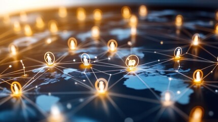 Poster - abstract global network with glowing light connections, representing people and connections.