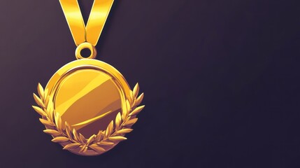 Golden medal with laurel wreath hanging on dark background.