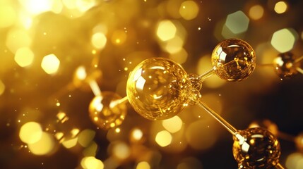 Abstract molecule model with gold spheres connected by thin bars on a bokeh background.