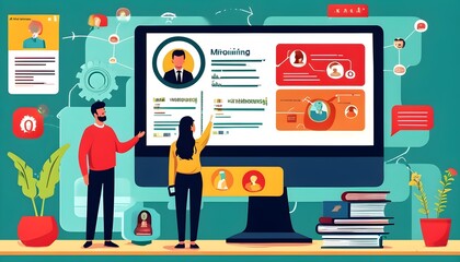 Wall Mural - Modern digital recruitment process showcasing job seeker engagement with innovative interfaces and human resources symbols in a technological talent acquisition landscape