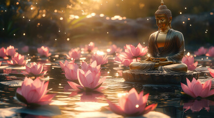 Wall Mural - golden Buddha statue surrounded by pink and white water lilies