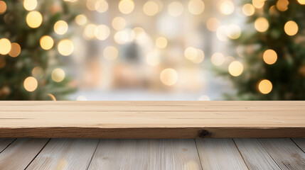 Wall Mural - Empty wood table top on blur light gold bokeh of cafe restaurant.