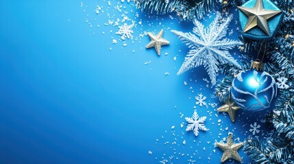 Wall Mural - blue christmas background with snowflakes, stars and empty space. copy space for your text. merry xm