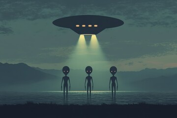 Man Witnessing UFO Invasion at Night in Mysterious Landscape, Alien Encounter, Sci-Fi Concept Art. Beautiful simple AI generated image