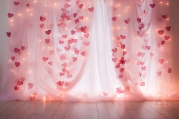 Poster - A delicate cascade of heart-shaped fairy lights in various shades of pink and red, gracefully twirling down a sheer white curtain