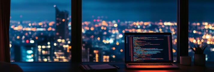 Poster - Laptop with code on the screen in front of a large window with a cityscape view, representing coding and digital workspaces.