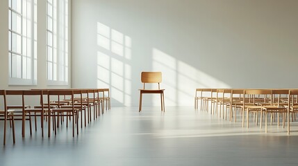 Wall Mural - Empty Modern Classroom In the School Interior, Back to School Concept Book, Chair, table 3D Render.