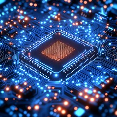 Poster - Blue circuit board background with chip icon vector illustration : Generative AI