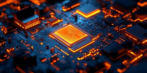 Poster - bright orange on dark blue tech motherboard : Generative AI