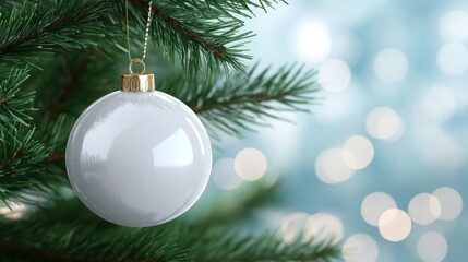 Poster - Christmas white glossy round bauble ornament on christmas tree with decoration and blurred bokeh lights background. transparent background