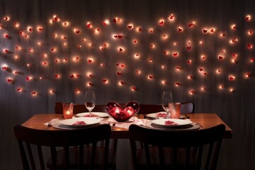 Poster - A festive backdrop of heart-shaped string lights illuminating a table set for a romantic Valentine's Day dinner, capturing the essence of love and togetherness